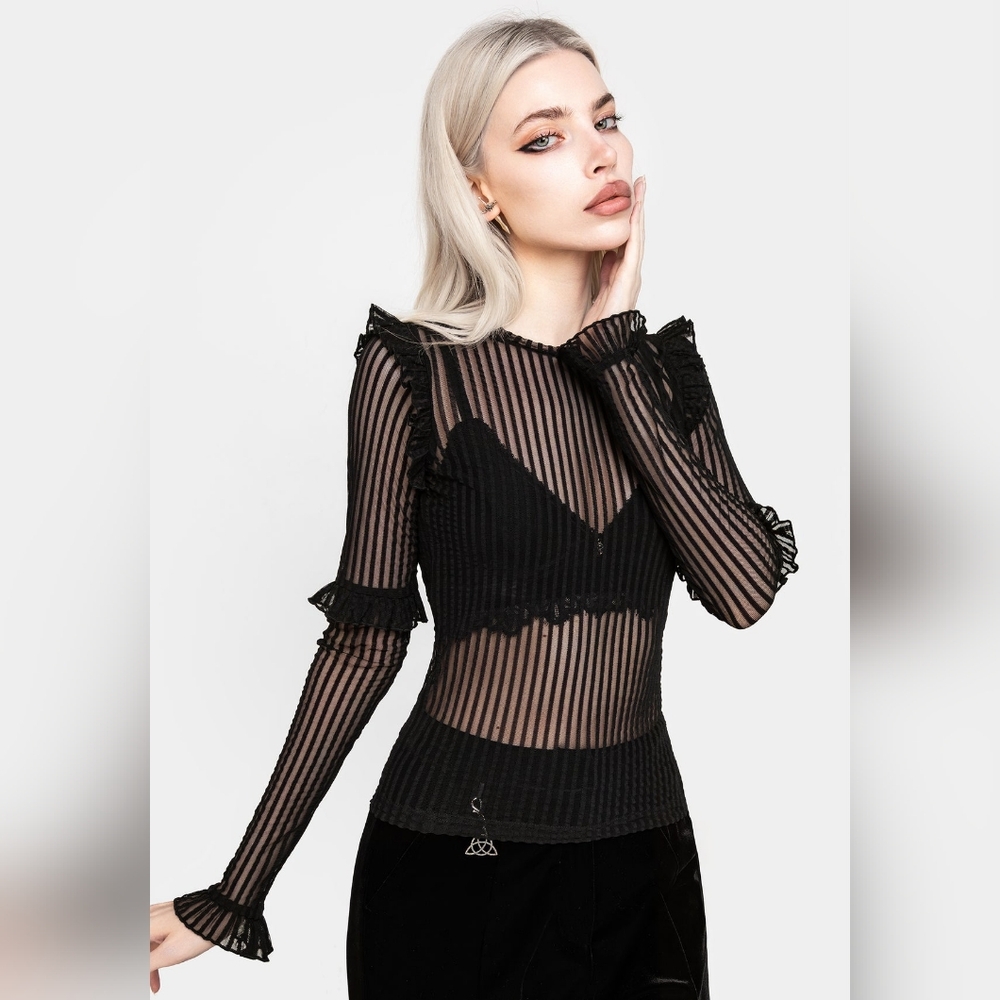 NEW Disturbia "Mourning" Ruffle Sheer Top, Size UK 10 US 6